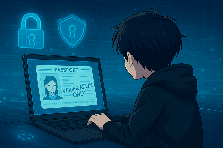 Karakter anime sedang memverifikasi paspor digital dengan watermark "For Verification Only", dikelilingi ikon keamanan digital futuristik.