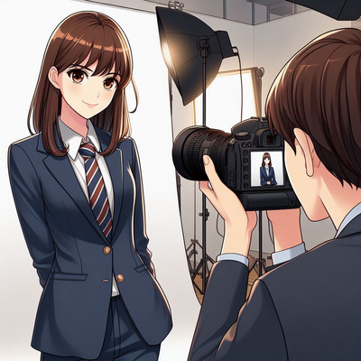 Gambar gaya anime memperlihatkan seorang perempuan sedang dipotret oleh fotografer.