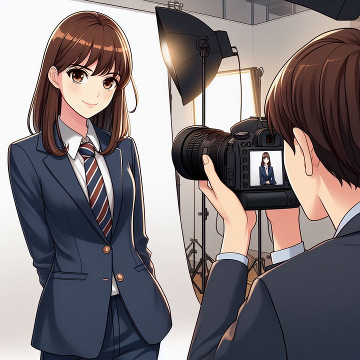  Gambar gaya anime memperlihatkan seorang perempuan sedang dipotret oleh fotografer.
         