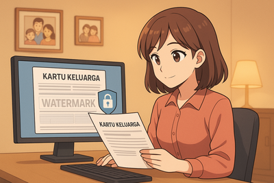 Ilustrasi anime tentang perempuan yang sedang menambahkan watermark pada scan Kartu Keluarga (KK) di laptop.