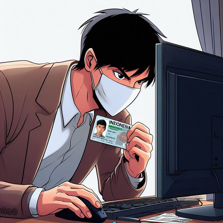  Gambar gaya anime memperlihatkan pencuri bermasker sedang memegang KTP hasil curian di depan komputer.
         